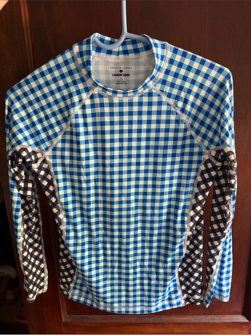 Lands' End x Draper James Girls Blue Gingham Long-Sleeve Swim Shirt